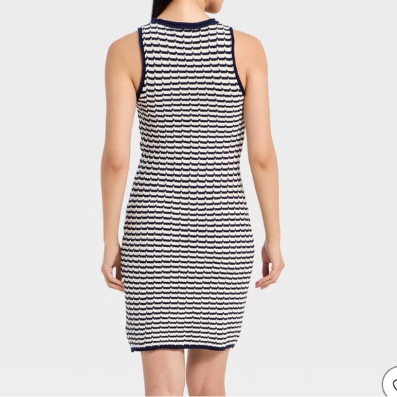 Sleeveless Navy and White Striped Knit Sheath Dress - Picture 3 of 7